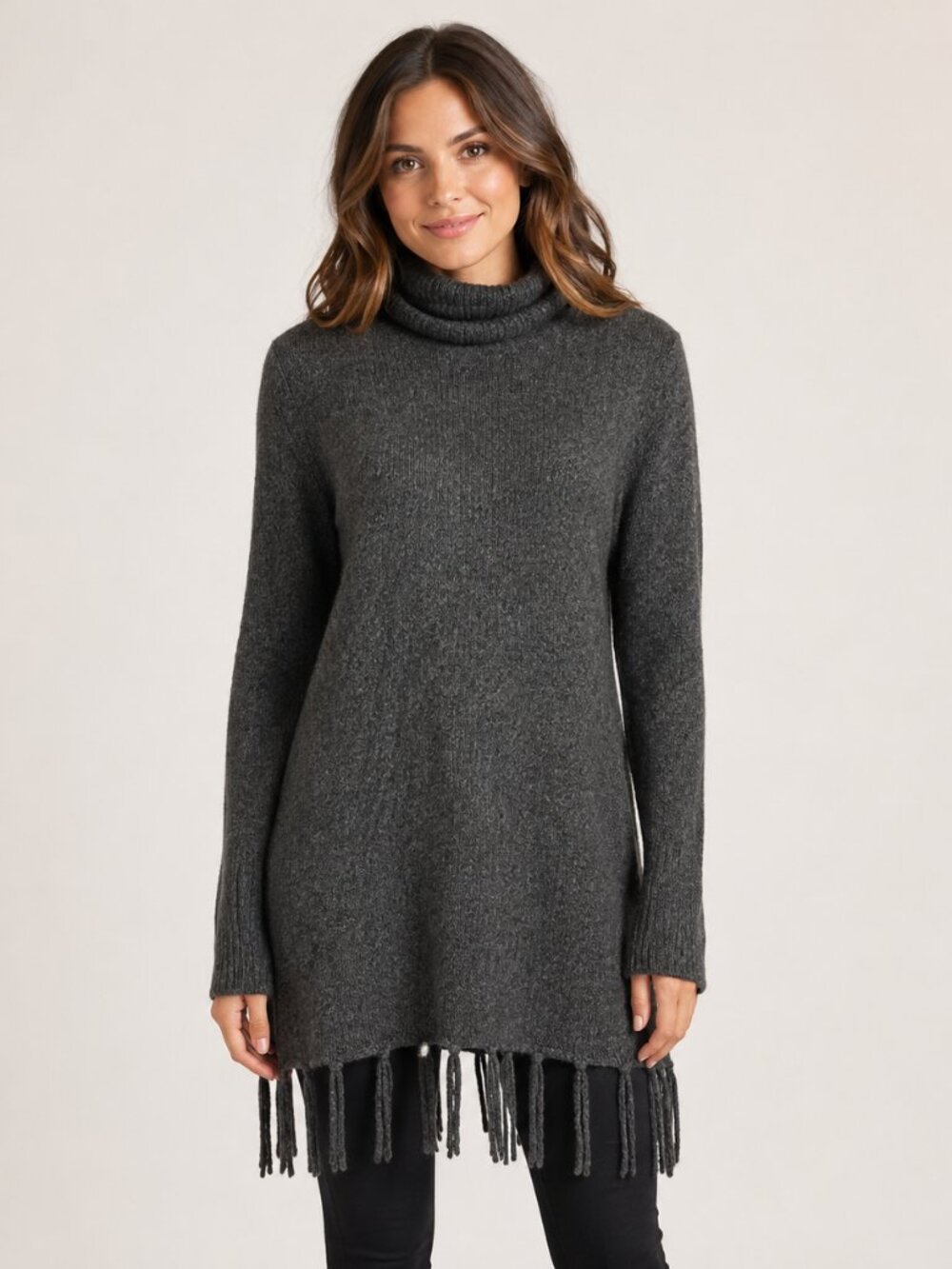 Neiman Marcus 100% Cashmere Fringe Hem Turtleneck Sweater | Gray | Women’s Small